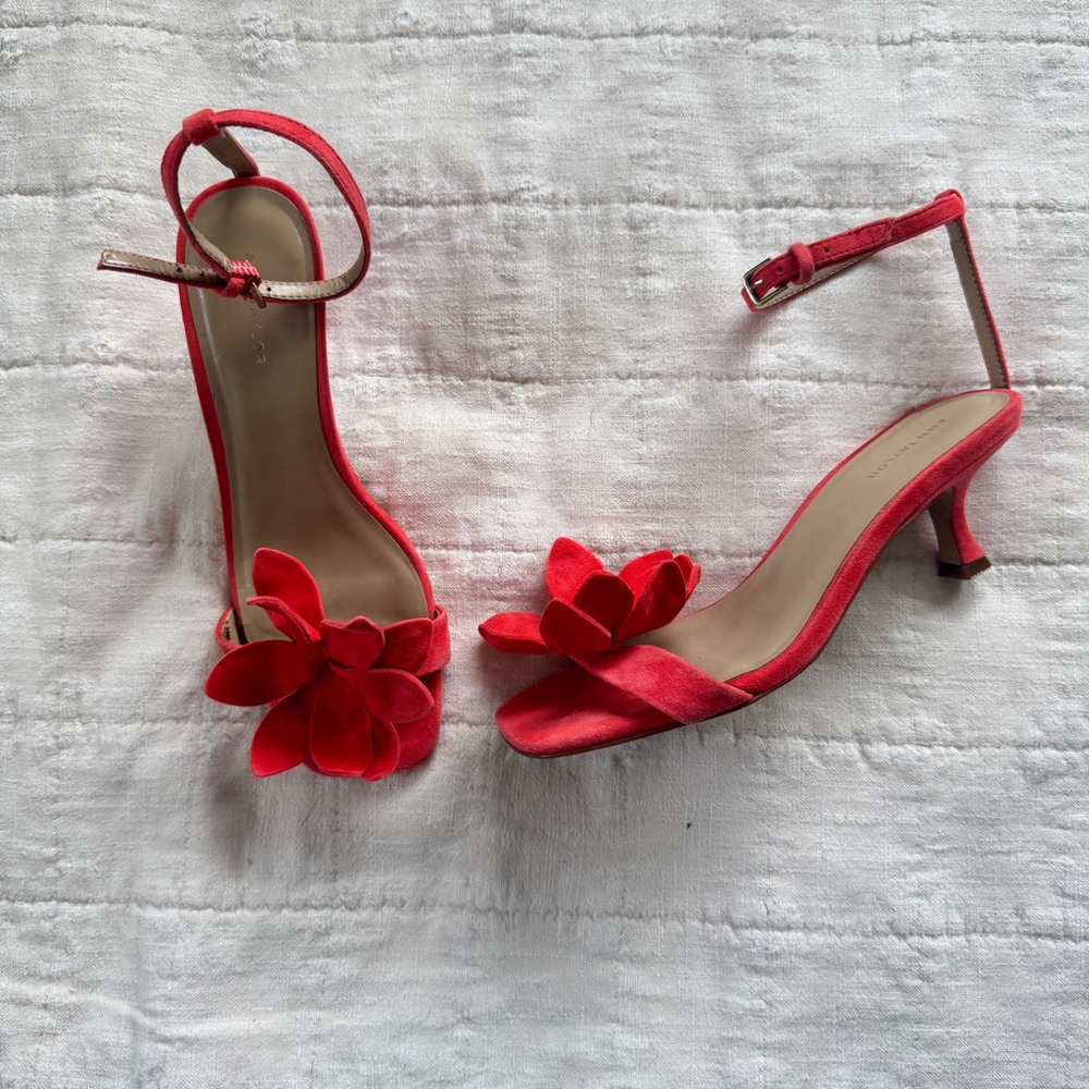 Ann Taylor Suede Leather Flower Kitten Heel Ankle Strap